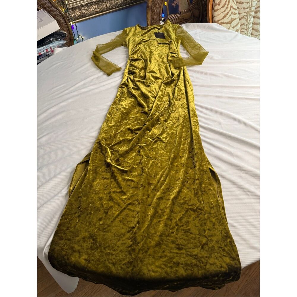 NWT Mooyius Crushed Velvet Maxi Dress Olive Green Sheer Long Sleeve Size Medium